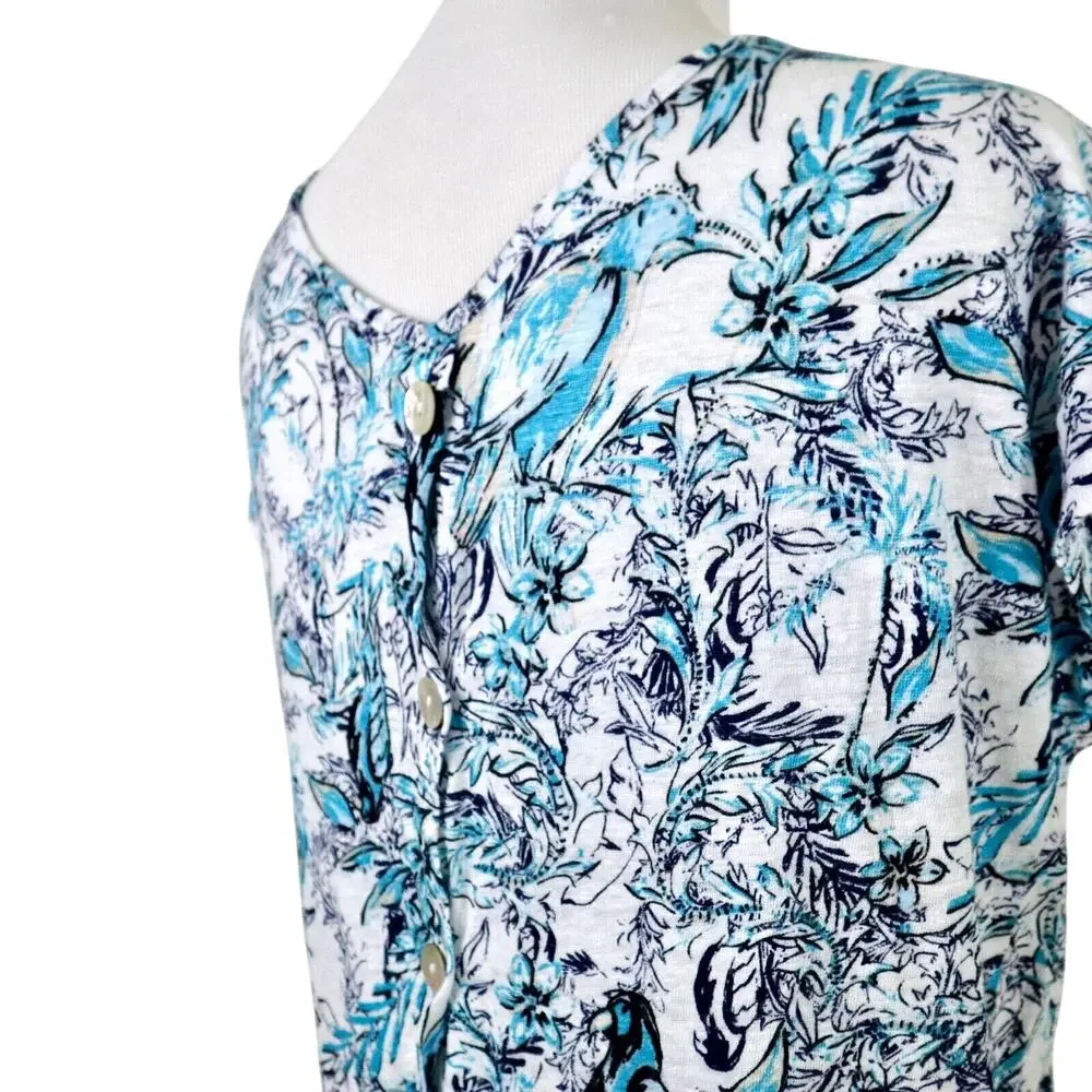 Tahari Size S Linen Slub Knit Tee Button Back Birds Flower Blue White